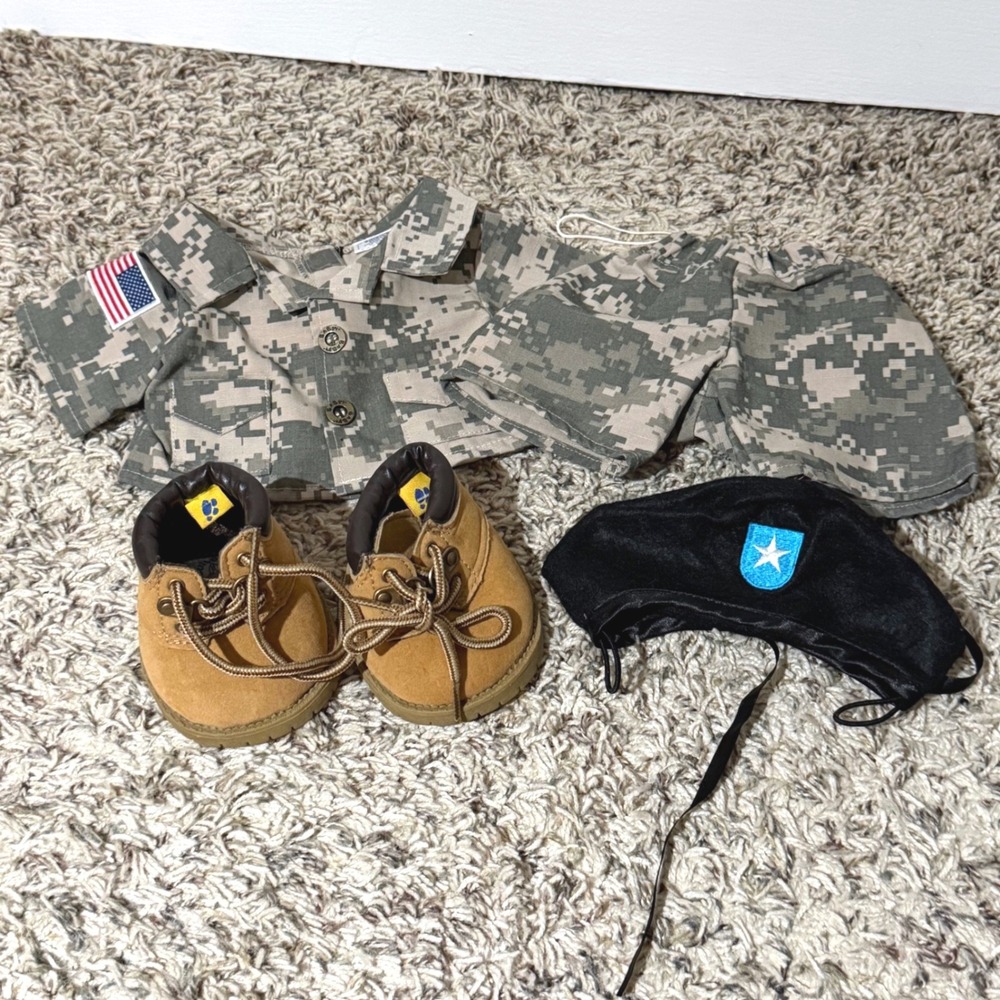 Build-A-Bear Workshop Army Uniform Camo Shirt Pants Boots Beret Set